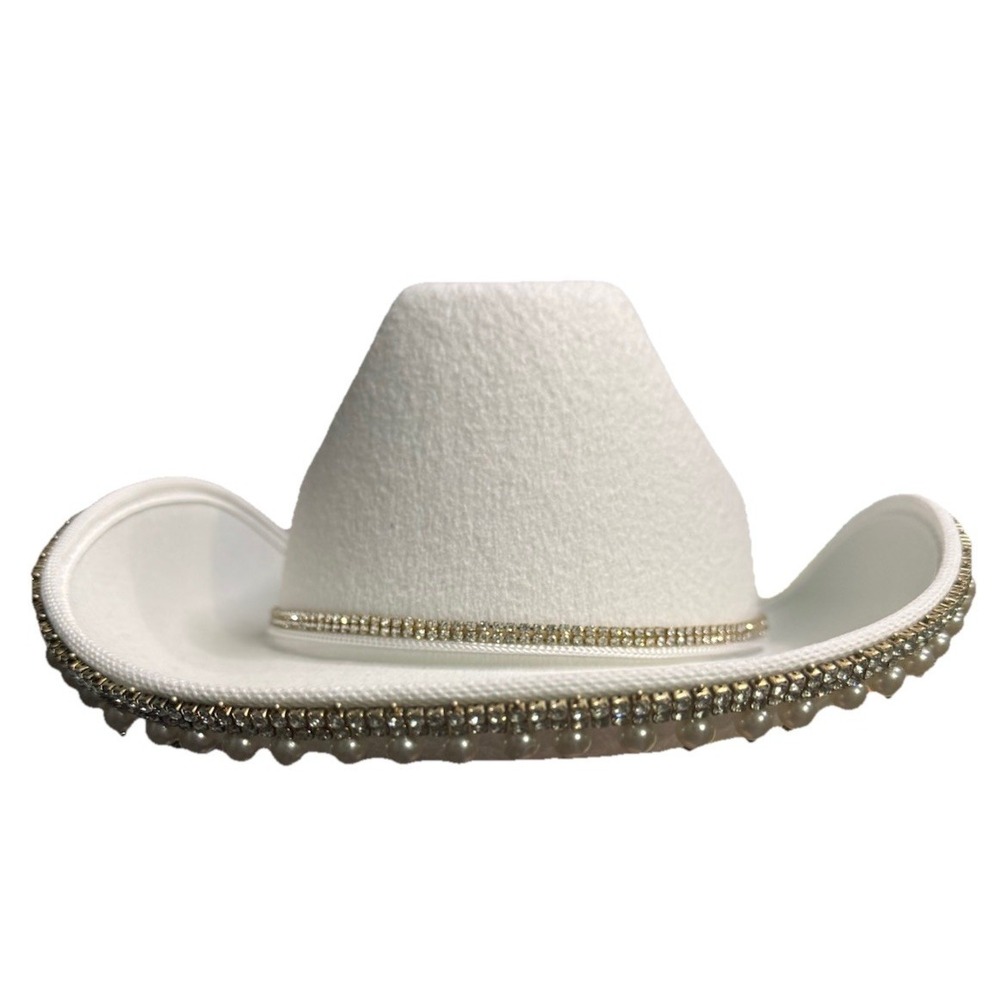 White Cowgirl Cowboy Hat Rhinestone Heart Band Rodeo Western Country Festival